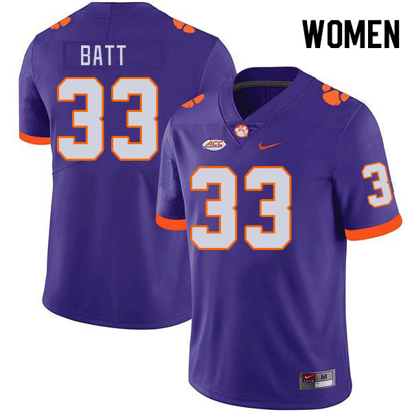 Women #33 Griffin Batt Clemson Tigers College Football Jerseys Stitched-Purple - Click Image to Close
